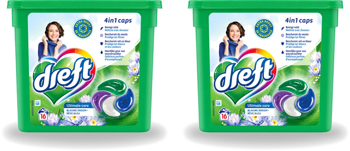 2 x Dreft - Wasmiddelcapsules 4in1 - Witte en Gekleurde Was - Blauwe Droom - 16 Wasbeurten - Voordeelverpakking - 2 stuks