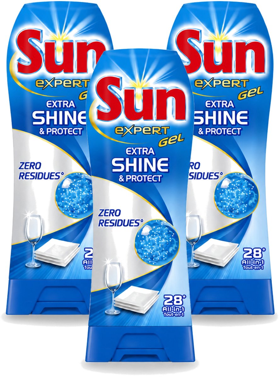 3 x Sun Expert Gel - Extra Shine & Protect - All-in-1 - Vaatwasmiddel Gel - 28 Wasbeurten - Voordeelverpakking - 3 stuks