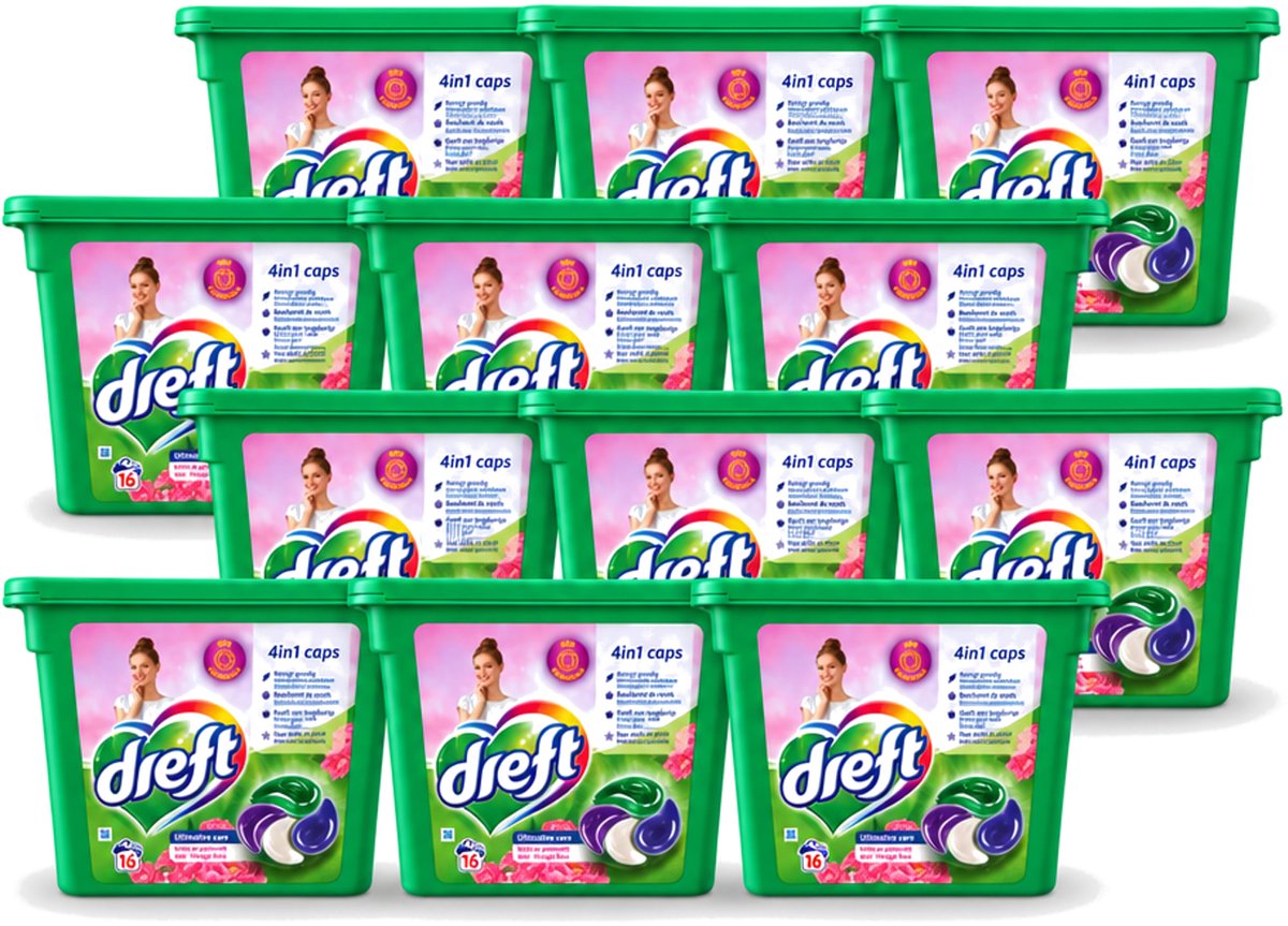 12 x Dreft - Wasmiddelcapsules 4in1 - Witte en Gekleurde Was - Vleugje Roze - 16 Wasbeurten - Voordeelverpakking - 12 stuks