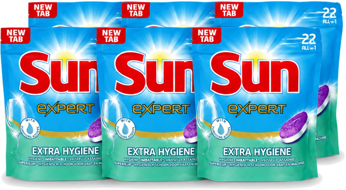 6 x Sun Expert - Extra Hygiëne - Vaatwastabletten - 22 Tabletten - Voordeelverpakking - 6 stuks
