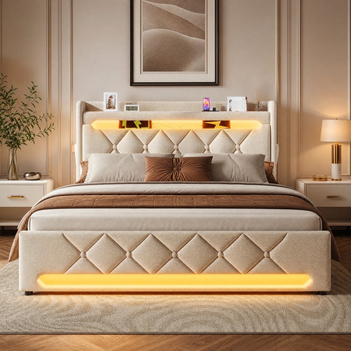 WUVRIE Gestoffeerd tweepersoonsbed 180x200 cm met LED, USB/USB-C en hydraulische opbergruimte, beige