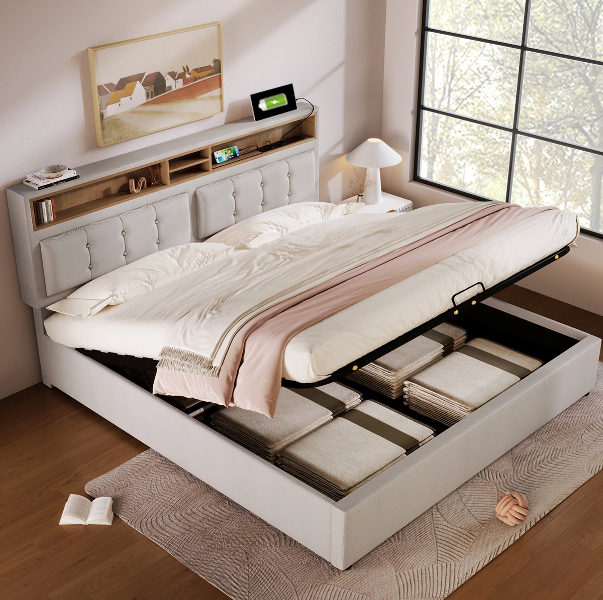 WUVRIE Gestoffeerd opbergbed 140x200 cm met verstelbaar hoofdbord, USB-C en stopcontacten, beige