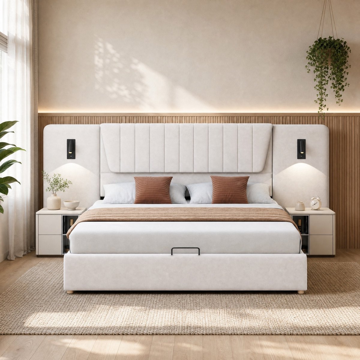WUVRIE Gestoffeerd opbergbed 180x200 cm met leeslampen, USB-aansluitingen en lattenbodem, beige