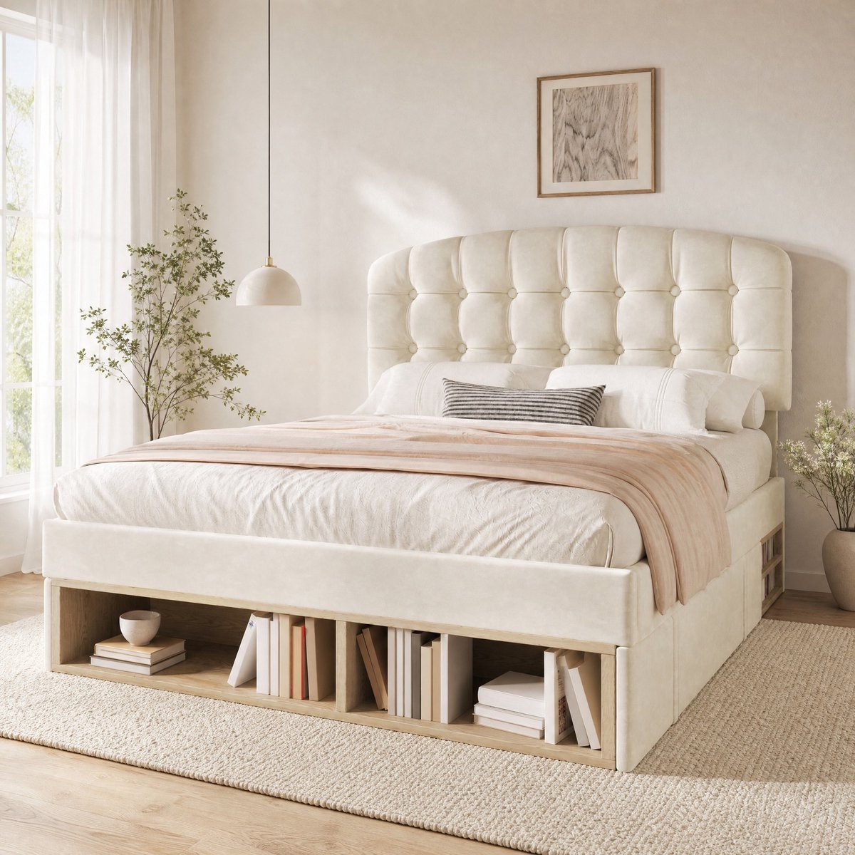 WUVRIE Tweepersoonsbed 140x200 cm met verstelbaar hoofdbord, lades en opbergruimte, beige