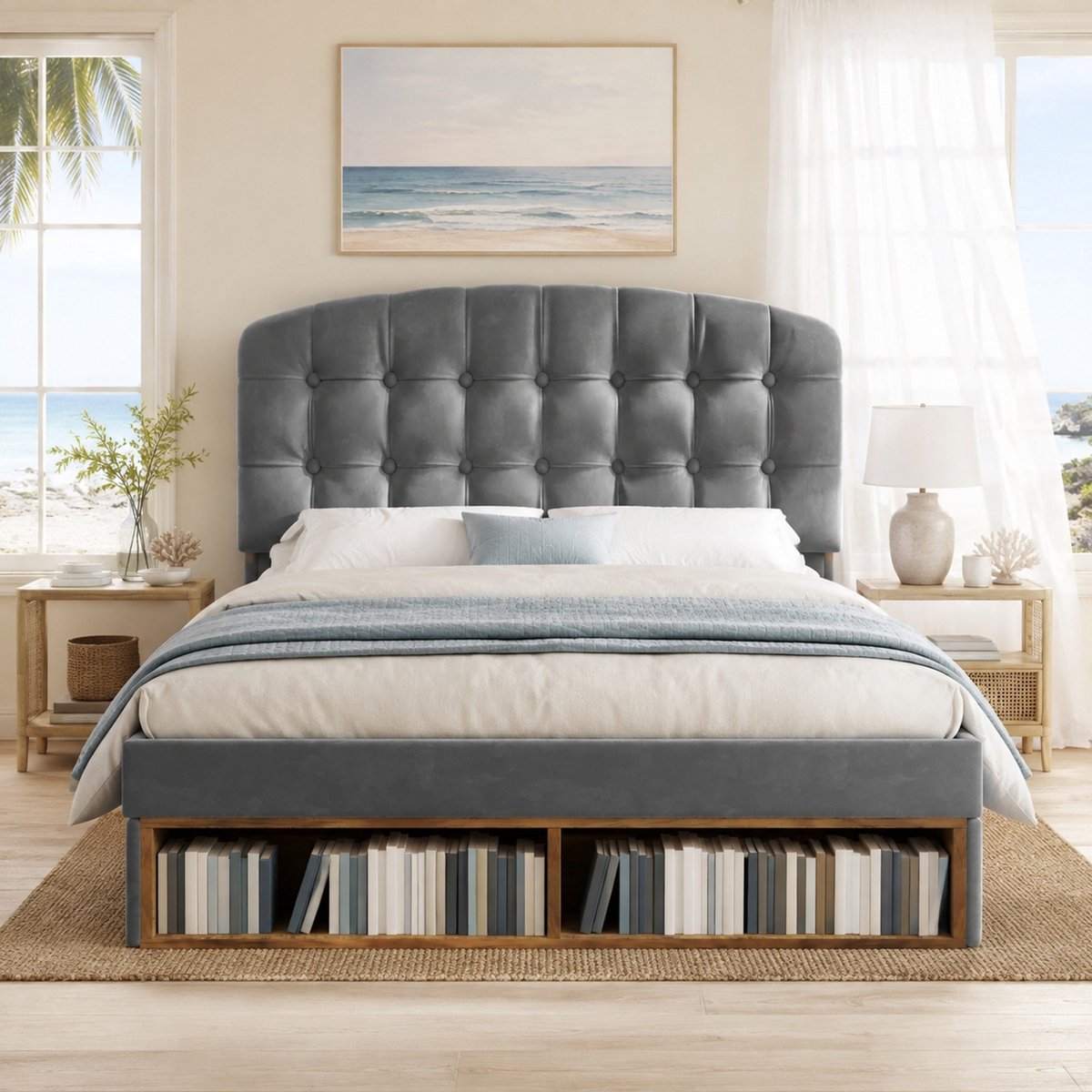 WUVRIE Tweepersoonsbed 140x200 cm met verstelbaar hoofdeinde, lades, opbergruimte en lattenbodem, grijs