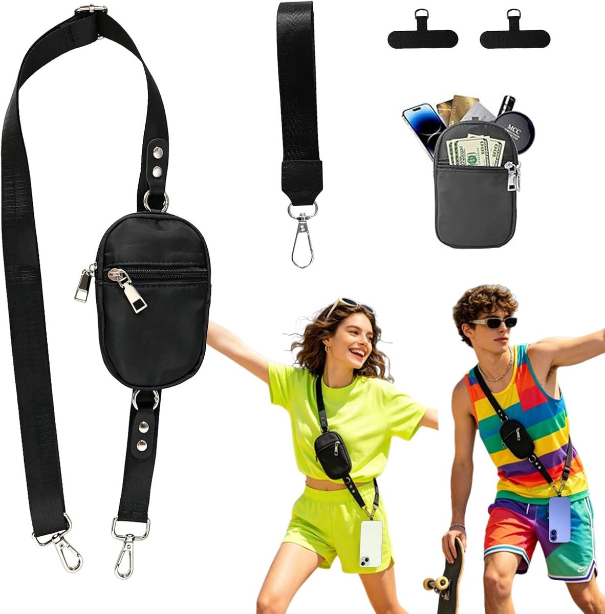 SnelShoppen - 3-in-1 Telefoon Lanyard met Afneembare RFID Portemonnee, Verstelbare Antidiefstal Telefoon Strap, Praktische Phone Strap voor Universeel