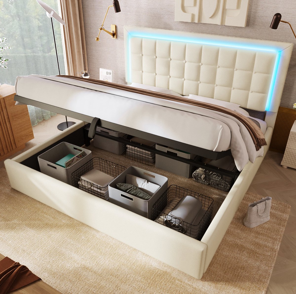 WUVRIE Opbergbed 140x200 cm met LED-verlichting, lattenbodem en opklapbare opbergruimte, wit kunstleer
