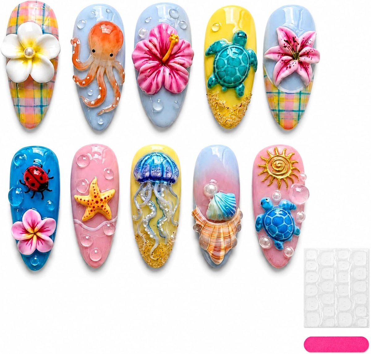Press on nails 30 stuks - kunstnagels met oceaan thema - zeester, schelp, schildpad-design - ShopVlot