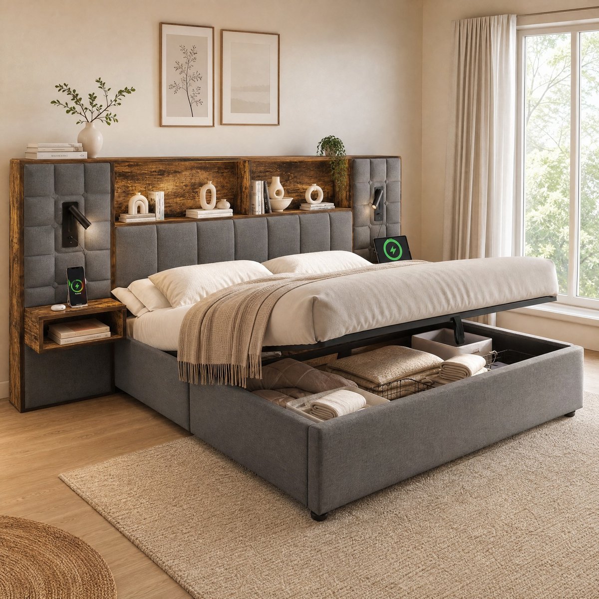 WUVRIE Gestoffeerd bed 180x200 cm met opbergruimte, 2 leeslampen, nachtkastjes en USB-C, grijs