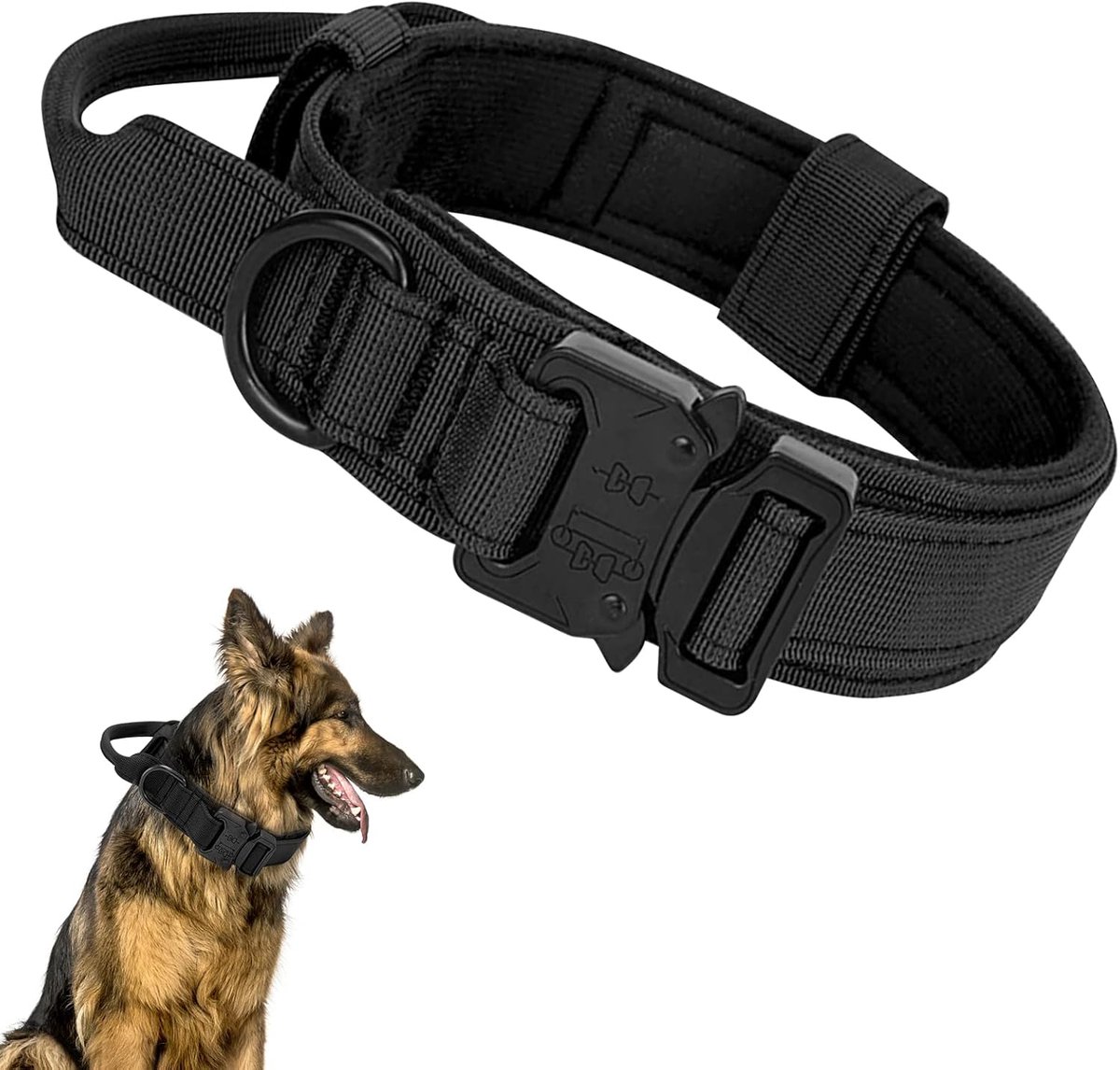 SnelShoppen - Verstelbare Tactische Hondenhalsband met Handgreep, Militair Nylon, Metalen Gesp voor Middelgrote en Grote Honden (L, Zwart)