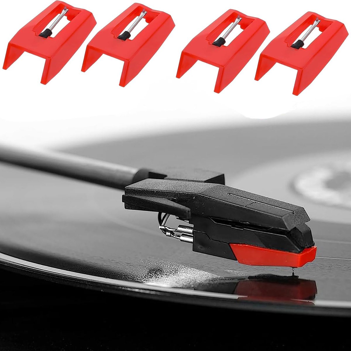 SnelShoppen - Pack van 4 Ruby Turntable Needles - Hoogwaardige Naald voor Platenspeler Vervanging - Universele Phonograaf Stylus voor Verbeterde Gelui
