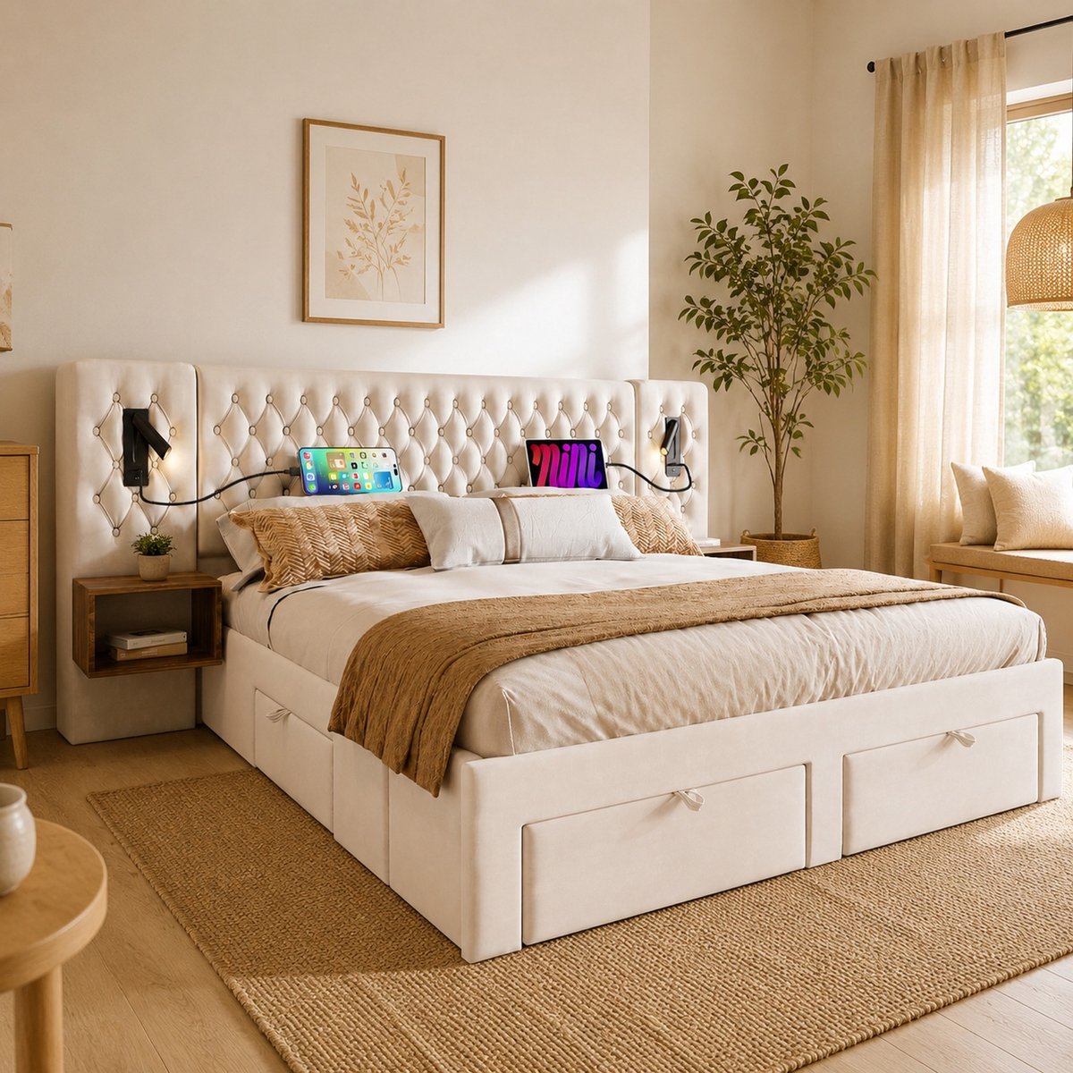 WUVRIE Tweepersoonsbed 160x200 cm met 4 lades, nachtkastjes, leeslampen en USB/Type-C, beige fluweel
