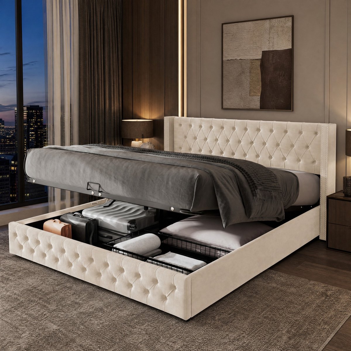 WUVRIE Tweepersoons opbergbed 180x200 cm met lattenbodem en hydraulische lift, beige velours