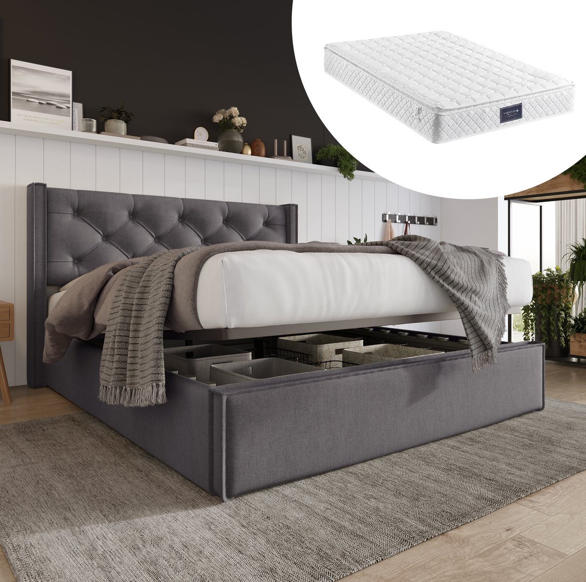 WUVRIE Gestoffeerd tweepersoonsbed 140x200 cm met opklapbare lattenbodem en opbergruimte, grijs
