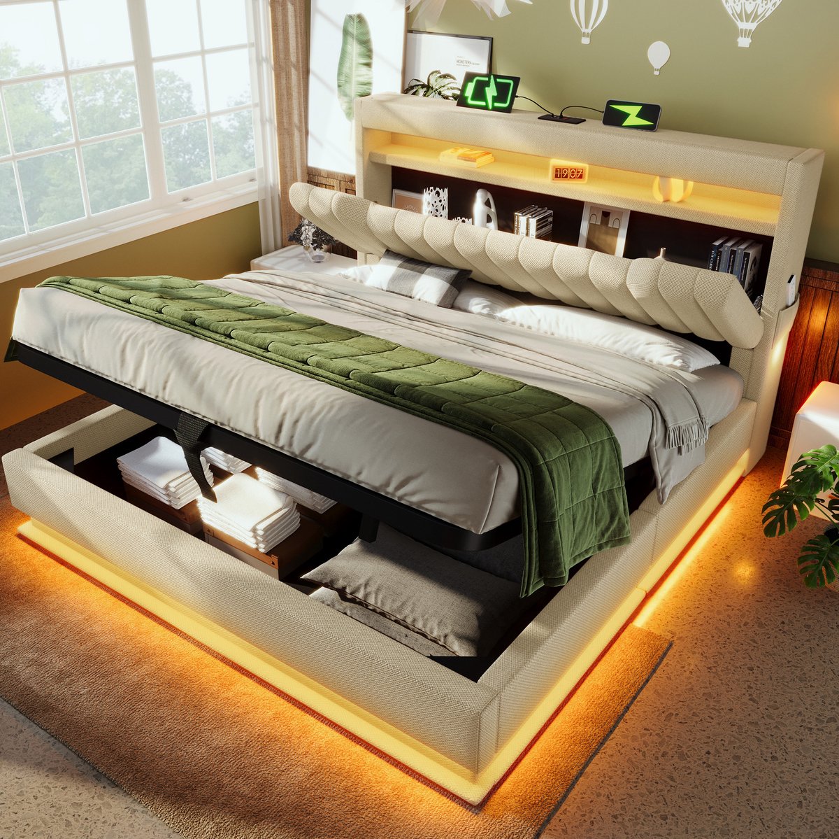 WUVRIE Opbergbed 160x200 cm met LED, USB en Type-C, hydraulische opbergruimte, beige