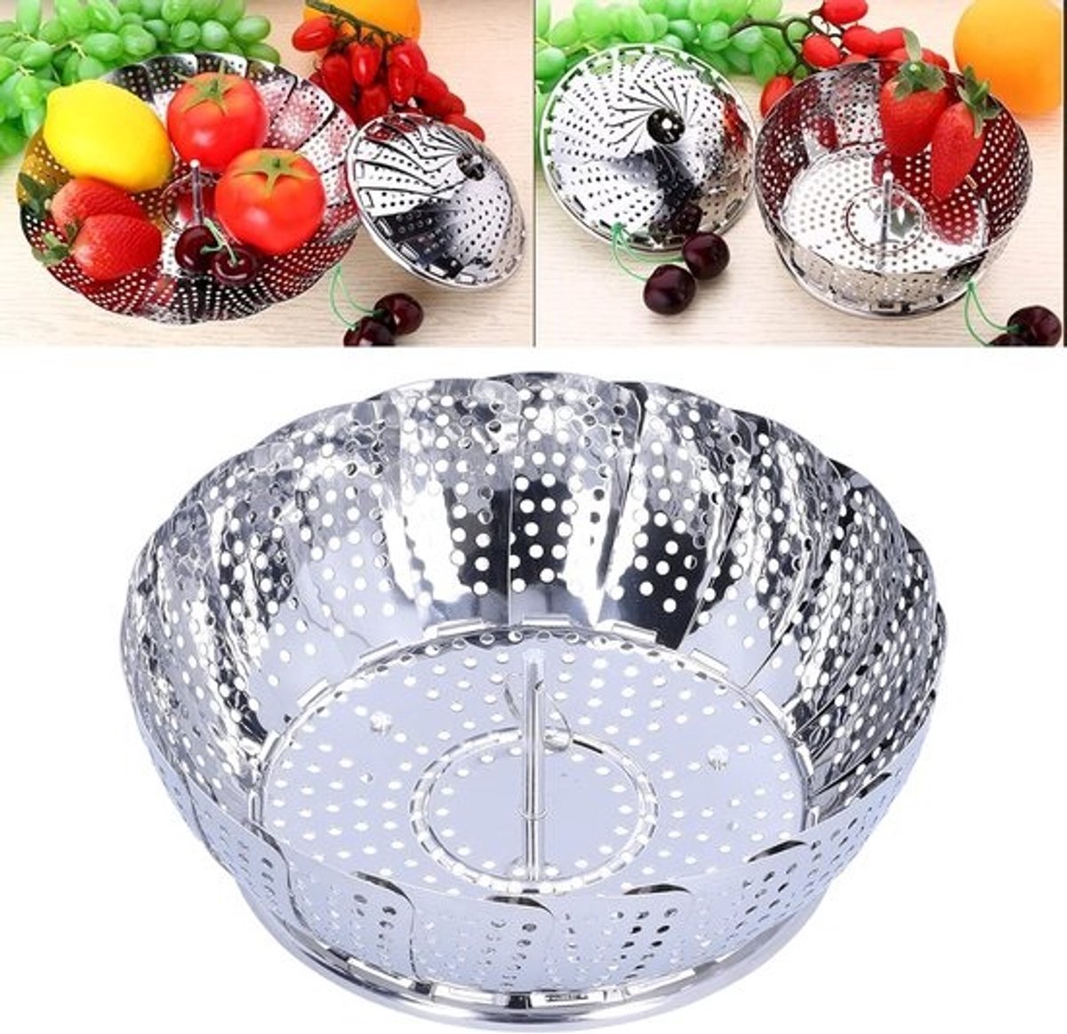 Inklapbare stoommand - Multifunctioneel keukenrek - Gezond koken - Verstelbaar formaat - Diameter 24 cm - Zilverkleurig