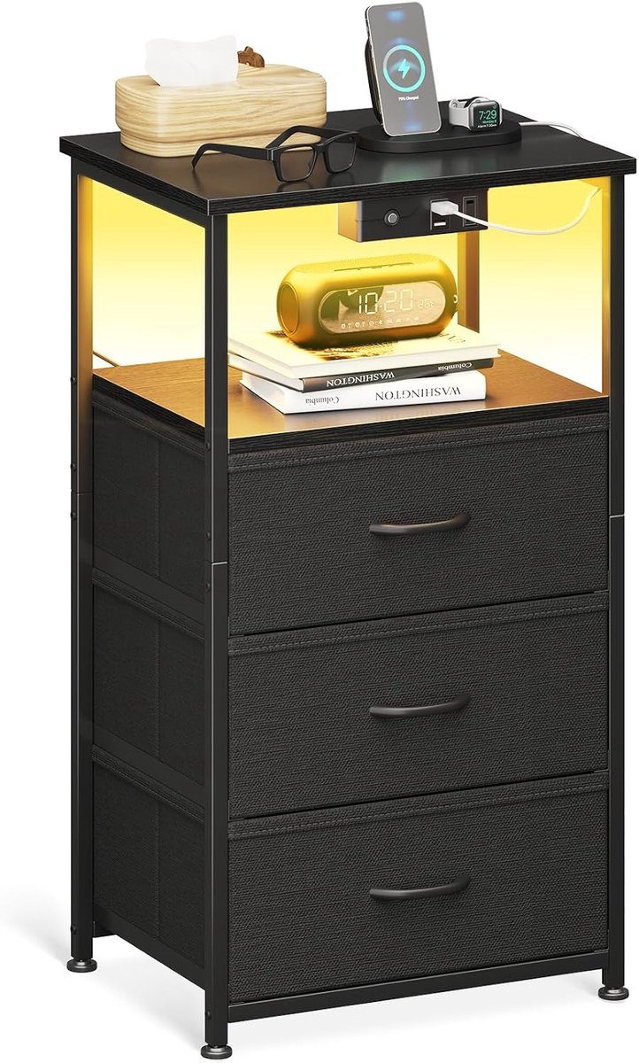 SnelShoppen - Zwarte Nachtkastje met Stopcontact en 2 USB Poorten, LED Verlichting, 3 Stoffen Laden en Opbergruimte voor Kleine Slaapkamers 40x30x70 c