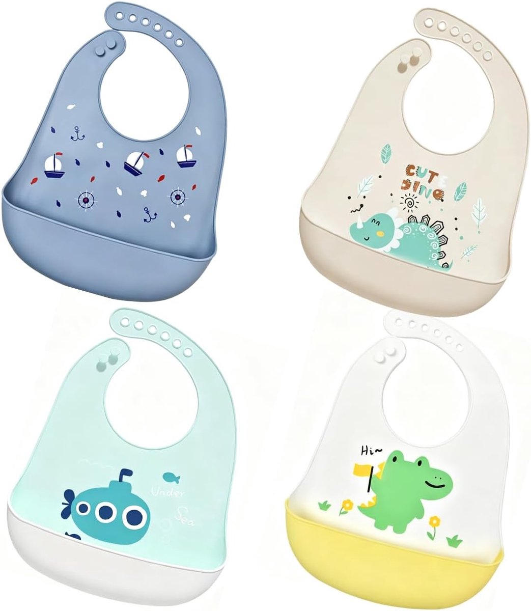 Siliconen Baby Slabbetjes Set van 4 - Waterdicht en Aanpasbaar - Voor Kinderen en Peuters - Eenvoudig Schoon te Maken - ShopVlot