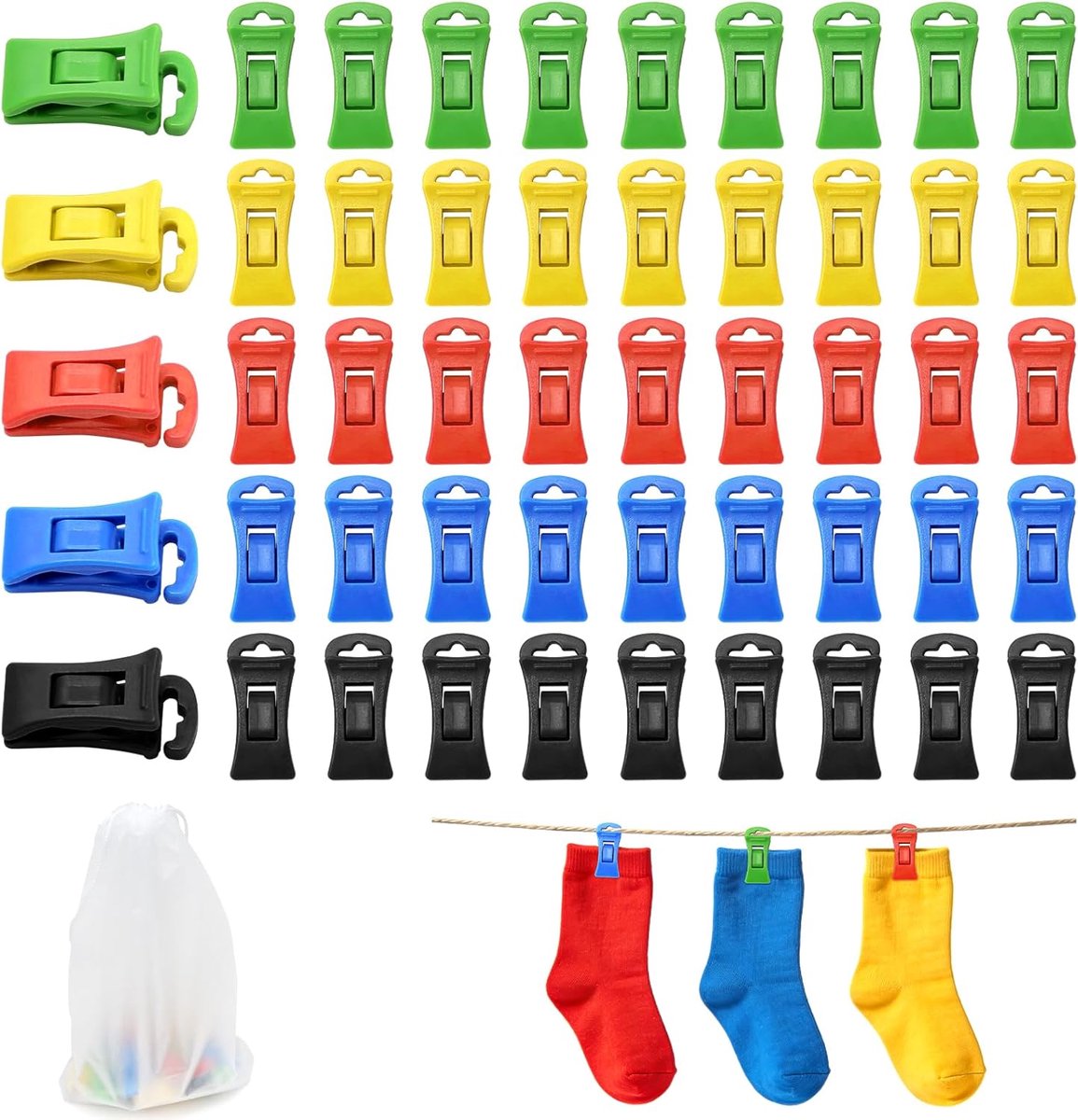 SnelShoppen - 50 Stuks Wasmachine & Droger Sok Clips met Opbergzak - Antislip Sokhouders en Sorteerders van Duurzaam Plastic voor Efficiënt Organisere