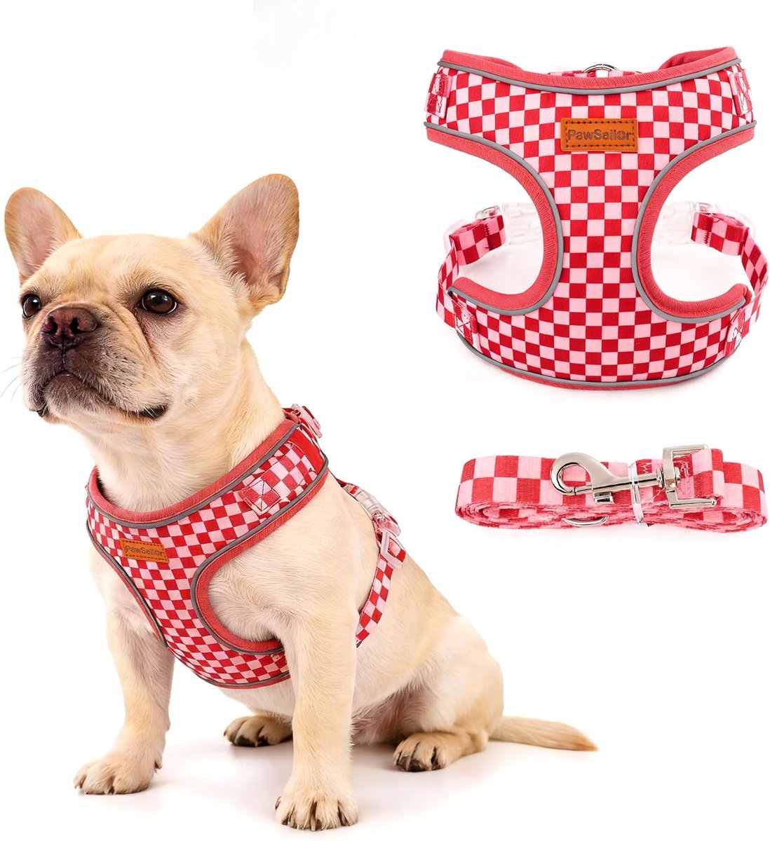 SnelShoppen - Hondentuig voor Kleine Honden met Riem - Trekvrij Puppy Harnas - Ademend Netweefsel - Verstelbaar en Zacht Gevoerd - Reflecterend - Rood