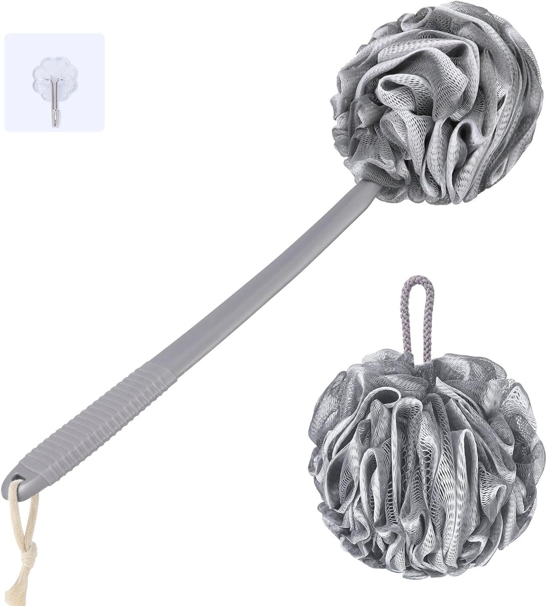 SnelShoppen - Loofah Sponge Set met 43.2cm Handvat, Non-Slip Douche Back Scrubber, Zachte PE Mesh Douche Spons, Grijs met Witte Rand - Perfect voor Ba