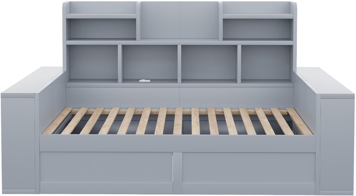 MODENUIT Slaapbank – 90 x 200 cm – Hydraulische Opbergruimte – MDF – Grijs – Met Ledverlichting en Stopcontact