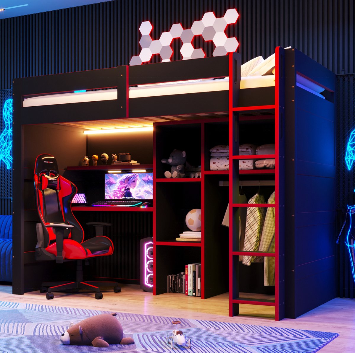 Hoogslaper – 90 x 200 cm – Met Bureau en Ledverlichting – MDF en Hout – Zwart en Rood – Met Opbergruimte