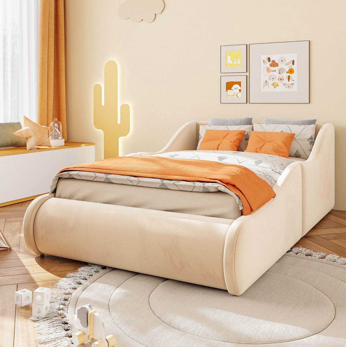 MODENUIT Kinderbed – 90 x 200 Cm – Met Uitvalbeveiliging – Stof, MDF En Hout – Beige – Lattenbodem Voor Kinderkamer