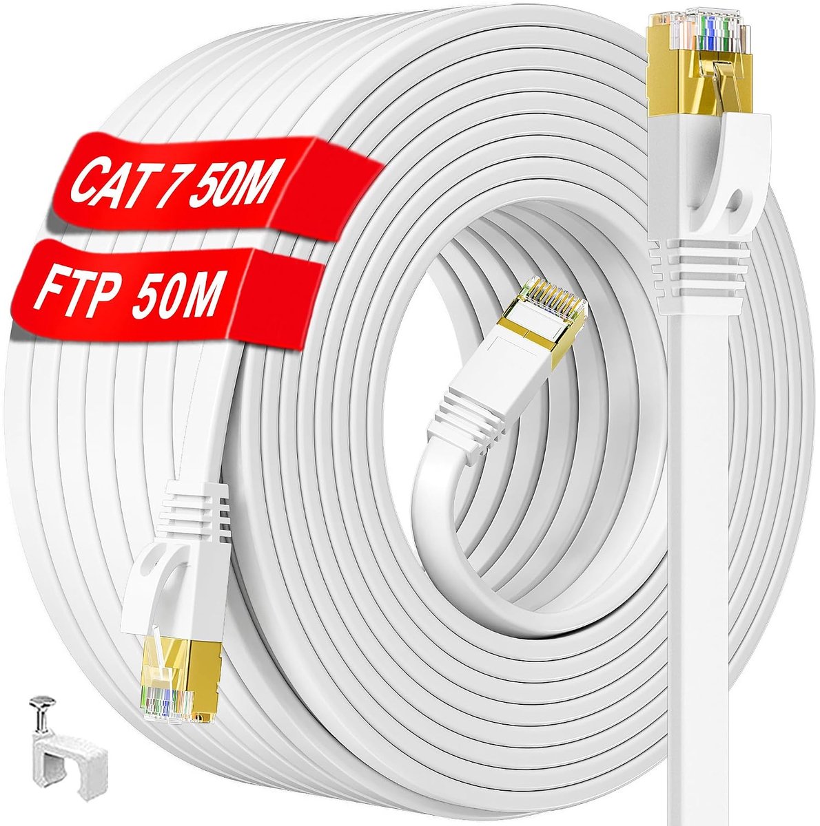Kabel 50m Cat 7, Buiten Binnen Netwerkkabel 50m Hoge Snelheid, Wit Plat RJ45 Internetkabel 600MHz 1Gbps, Lang S/FTP Gigabit LAN Kabel 50m CAT7 Patchkabel voor Router Switch Modem (50 Clips)