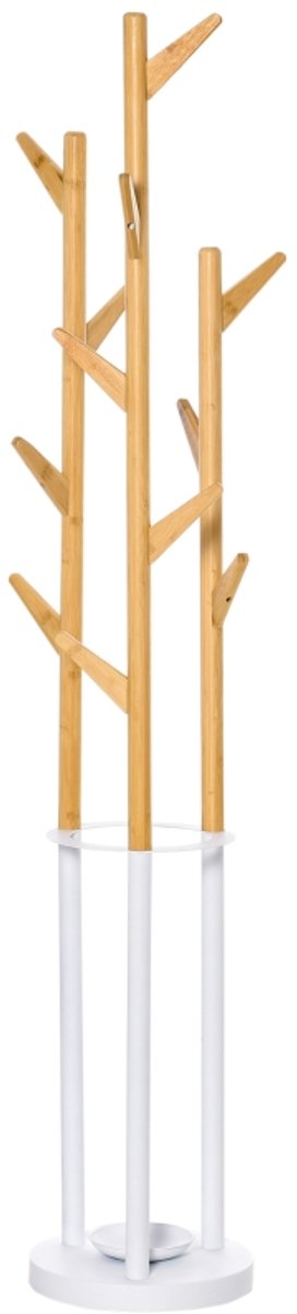 ZYLARO Kapstok - Kledingrek Met 12 Haken En Paraplubak - Boomvormige Kapstok - Moderne Jasrek Voor Kleding, Hoed En Tas - Voor Woonkamer En Slaapkamer - Bamboe - Natuurlijk En Wit natuurlijk+wit
