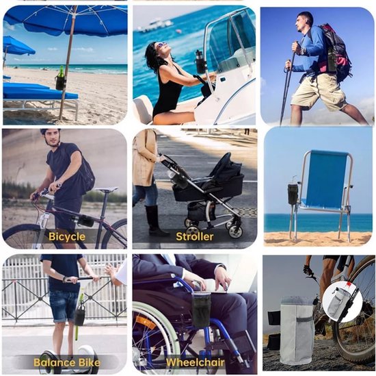 1 stuk, zwart, bekerhouder voor fietsen, scooters en rolstoelen, waterfleshouder voor rollators, golfkarretjes en strand, universele drankhouderaccessoire met netzak en touwsluiting. — afbeelding 4
