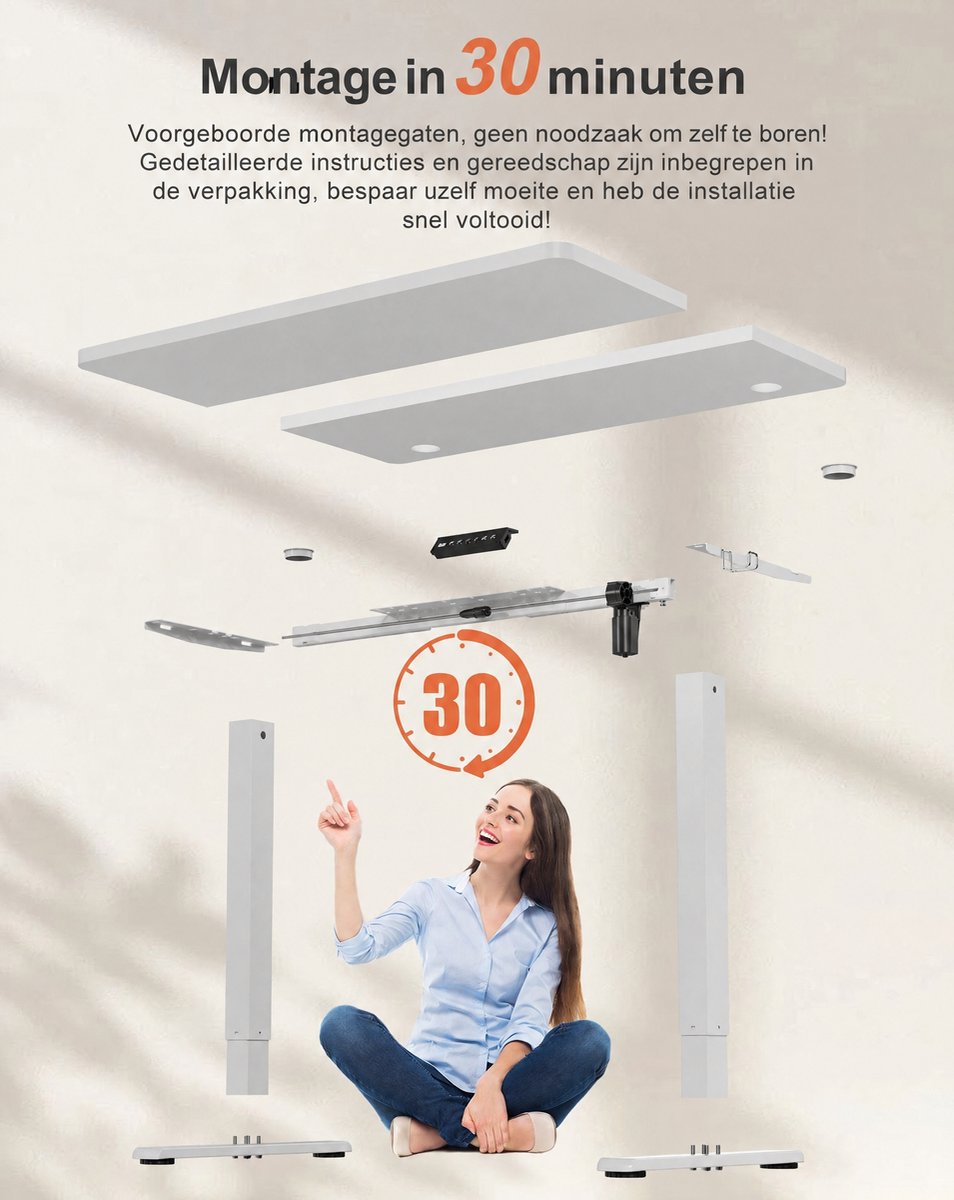 Devoko Elektrisch Verstelbaar Zit-Sta Bureau 100x60 cm Breed – Hoogte 73–118 cm – 2 Geheugenstanden, Zit-Herinnering, LED-Display en USB – Draagvermogen 70 kg – Wit thumbnail 4