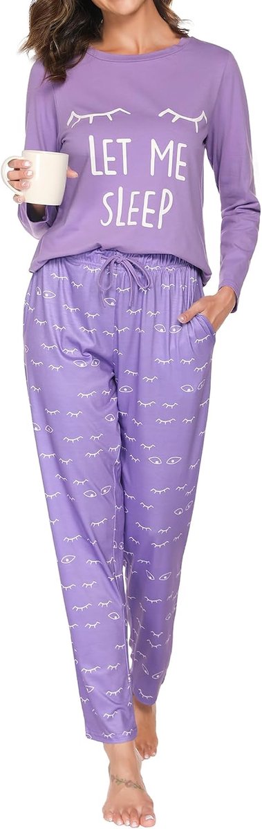 Pyjama voor dames, lange katoenen pyjamaset, ronde hals, wimpers, pyjama, herfst, winter, pyjama, tweedelig, huispak met zakken en elastische band, loungewear