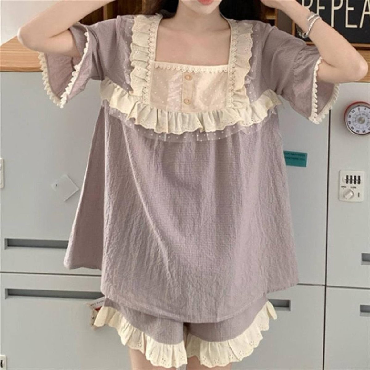 Vierkante Kraag Loungewear Set - Lente Kleine Bloemen Zoete Kant Prinses Stijl Ruches Homewear Nachtkleding, Lente Mode Losse Lange Mouw Gezellige Mooie Pyjama Stijlvol Sleepshirt Zusters Outfi