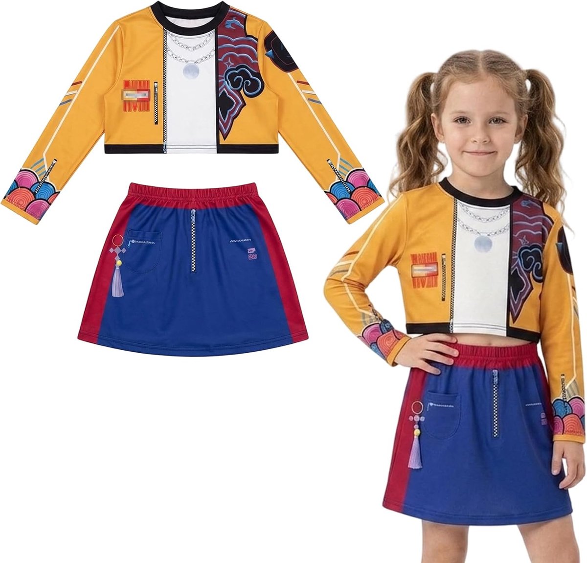 2 stuks cosplay-kostuum voor meisjes, Demon kostuum, popzanger, outfits, bedrukt shirt met lange mouwen en rokken, set kostuums, karakter, verkleedkleding, popstar-kinderkostuums voor Halloween
