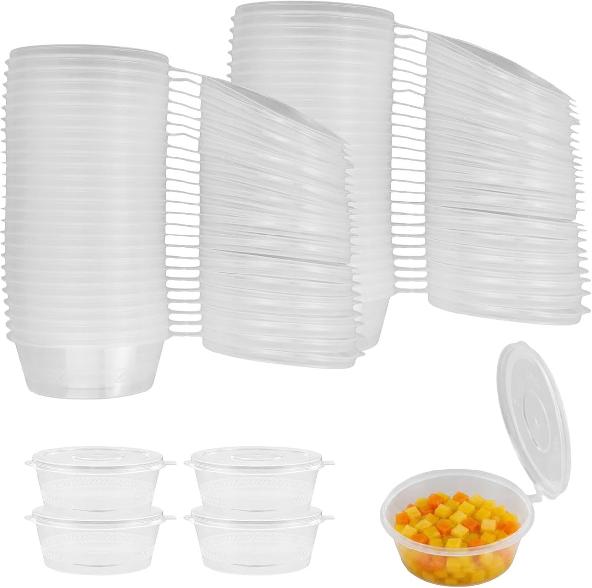 100 stuks sauspotjes, kunststof, transparant, 100 ml, met deksel, ronde luchtdichte containers, herbruikbare voedselcontainers, voor het bewaren van specerijen, specerijen