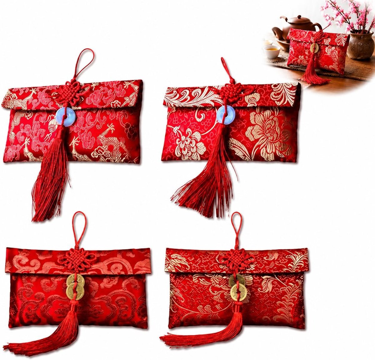 4 Chinese zijden rode enveloppen met gouden reliëf draak, traditionele Hong Bao met kwast en jadehanger, grote capaciteit voor Chinees Nieuwjaar, bruiloft en geschenken