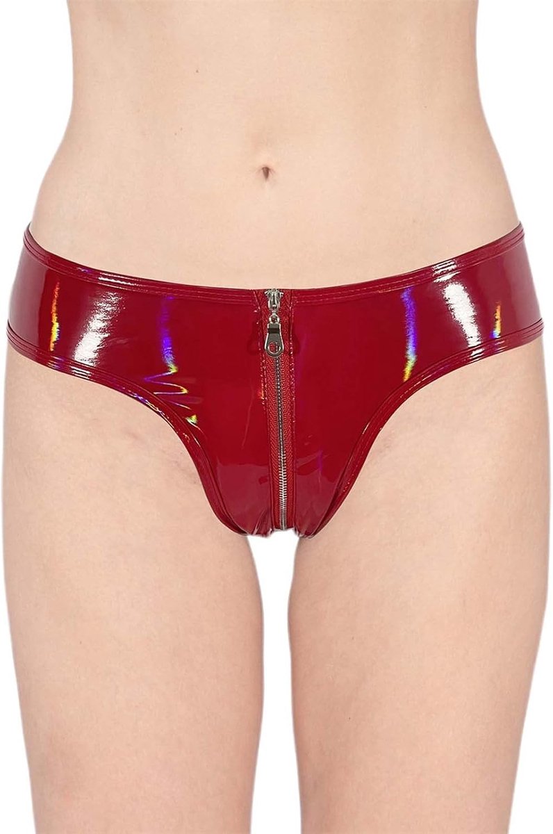 Sexy shorts van glanzend pvc-kunstleer met ritssluiting en open kruis voor dames