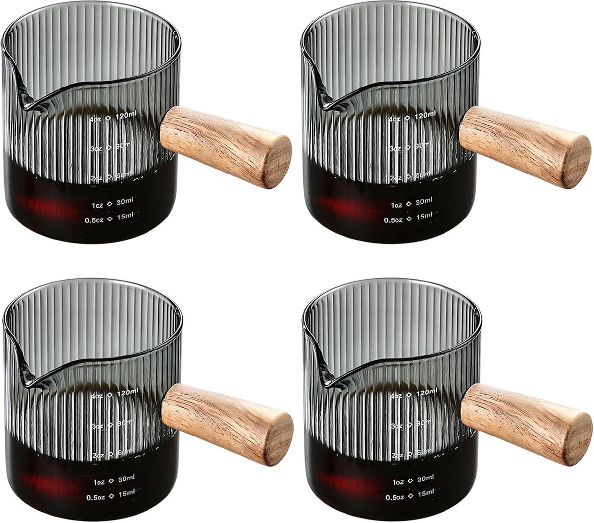 Maatbekers met houten handvat, 120 ml, espressomaatbeker, transparant, met opening, espressobeker van borosilicaat, voor koffie, latte, melk, sap, thee