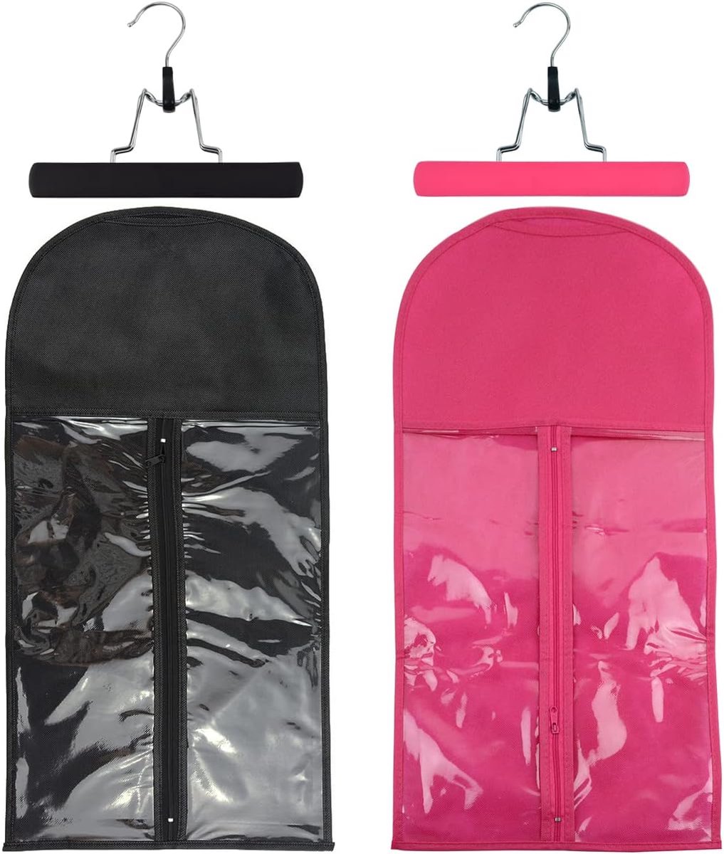 2 stuks pruikopbergzakken met ophanghaak, draagbaar en stofdicht (zwart + roze)