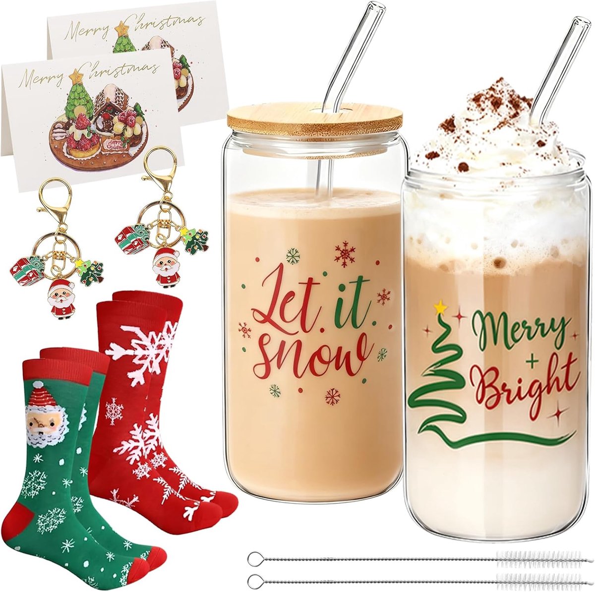 Set van 2 glazen van 500 ml met deksel en rietje, kerstsokken, sleutelhanger, wenskaarten, kerstglazen, kerstbeker, kerstbeker, kerstcadeaus set