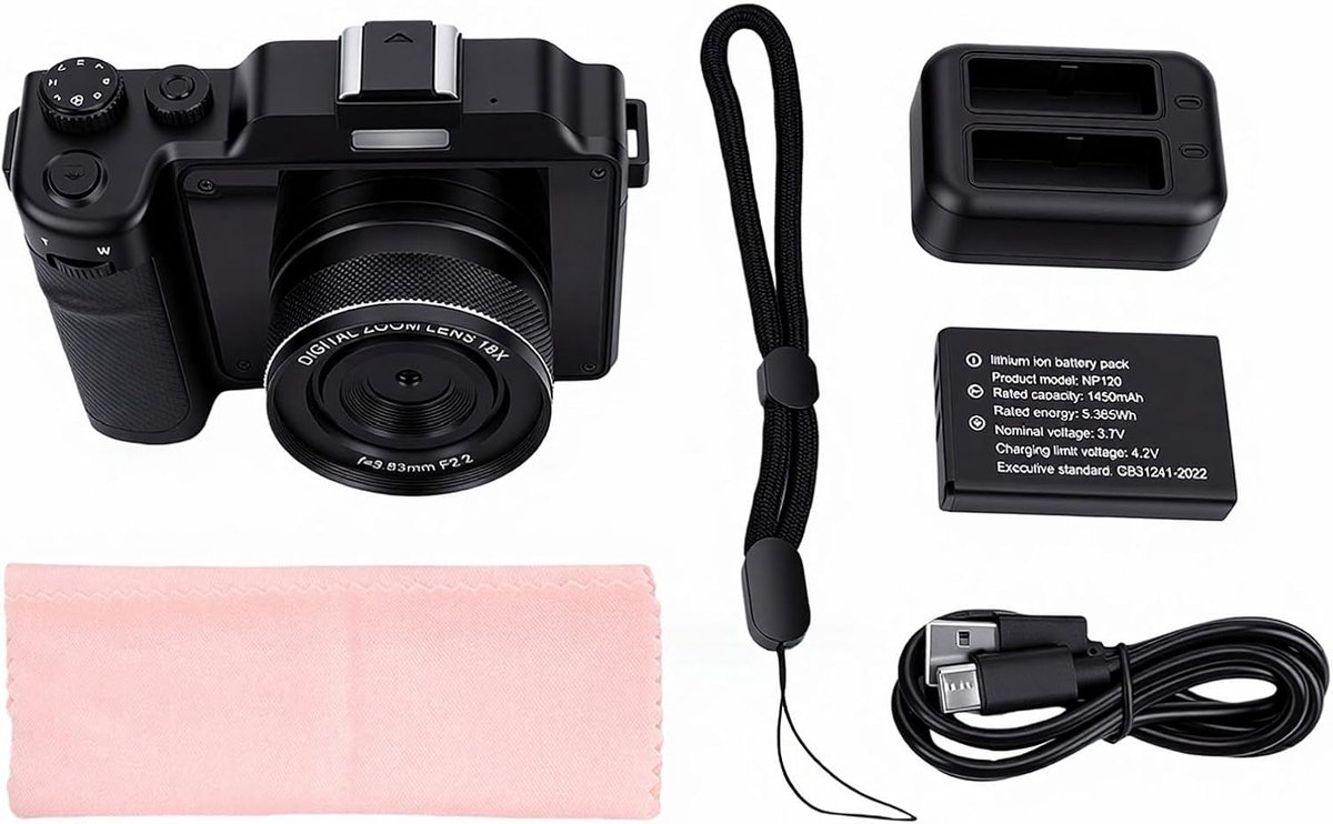8K WiFi digitale camera, 100 MP camera met dubbele lens met 18x zoom 3 inch scherm, 6 assen elektronische stabilisatie met flitser, geheugenkaart en twee accu's (32 GB)