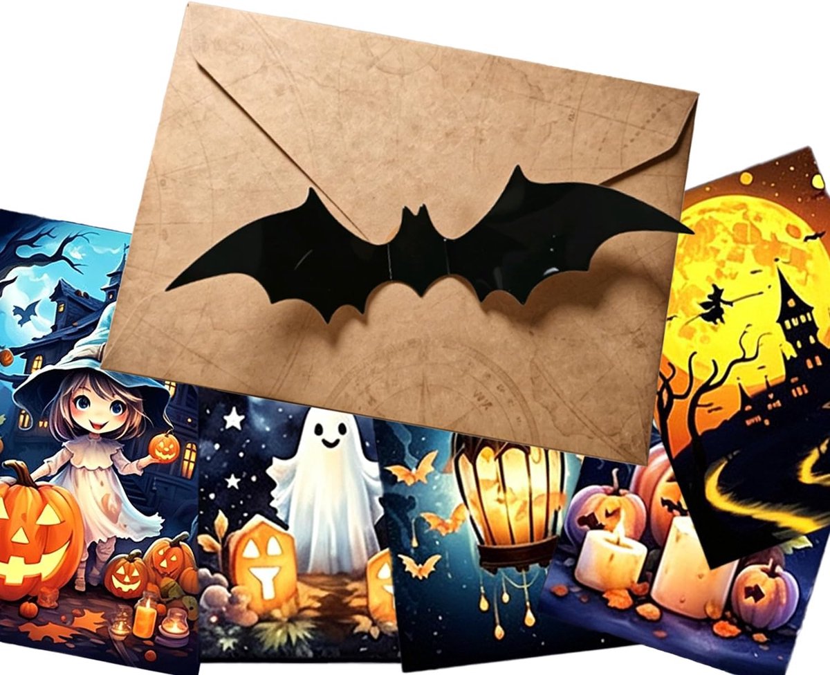10 sets Halloween uitnodigingskaarten met enveloppen, 24 vleermuisstickers, feestelijke uitnodigingen voor verkleedfeesten en Halloweenavond