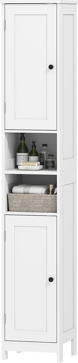 Hoge, smalle badkamerkast – Wit – 30 x 30 x 170 cm – Met 2 deuren en open planken – Opbergmeubel voor de badkamer