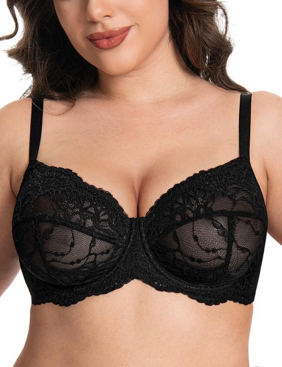Minimizer-beha voor dames, met beugel, grote maten met kant, doorzichtig, sexy beha voor grote borsten, kant, bralette, zonder vulling