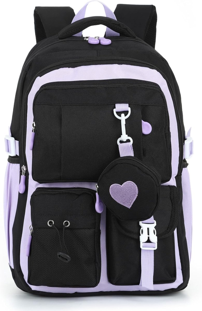 Rugzak voor meisjes, schoolrugzak voor basisjongeren, middelbare scholieren, schooltas met schattig hartvormig muntvak, Paars, Rugzak