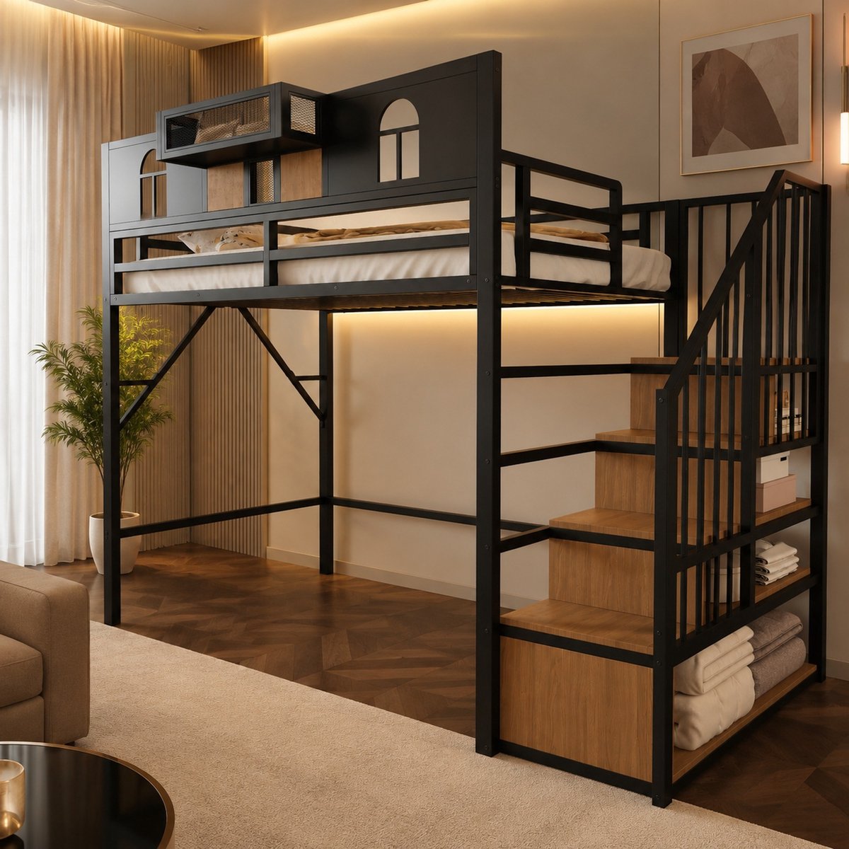 MODENUIT Hoogslaper – 90 x 200 cm – Met Opbergladder en Lichtstrip – MDF en Metaal – Zwart – Eenpersoonsbed