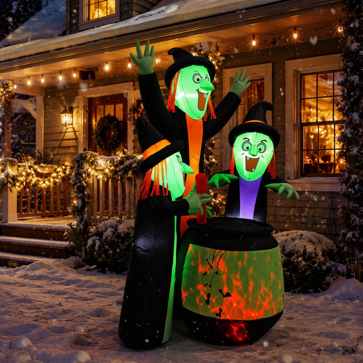Opblaasbare Halloween-decoratie met heksen en ketel - 275 cm hoog - met witte LED-verlichting - decoratie voor tuin & buiten - incl. grondpennen