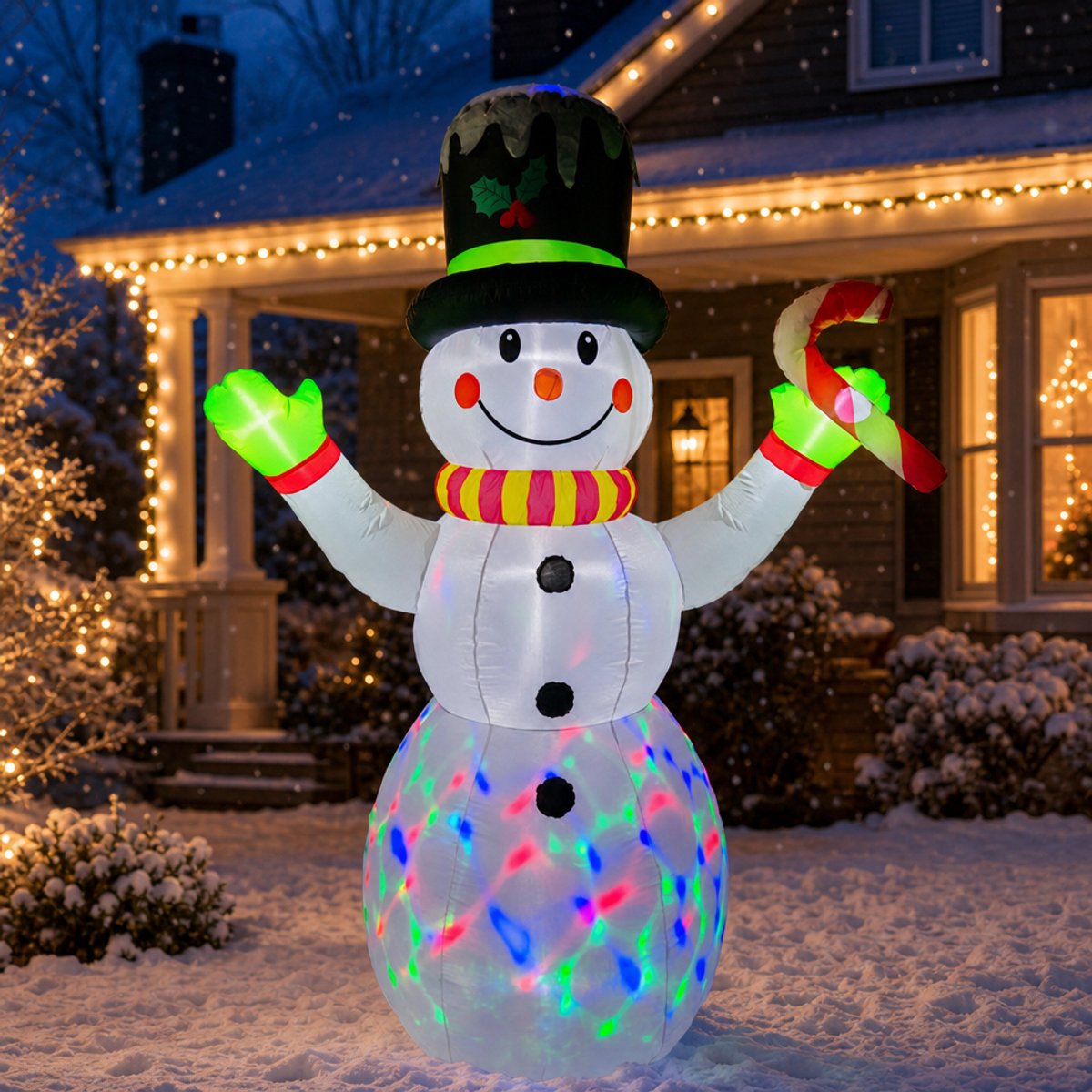 Opblaasbare sneeuwpop met cadeaus - 215 cm hoog - met gekleurde LED-verlichting - kerstdecoratie voor tuin & buiten - incl. grondpennen