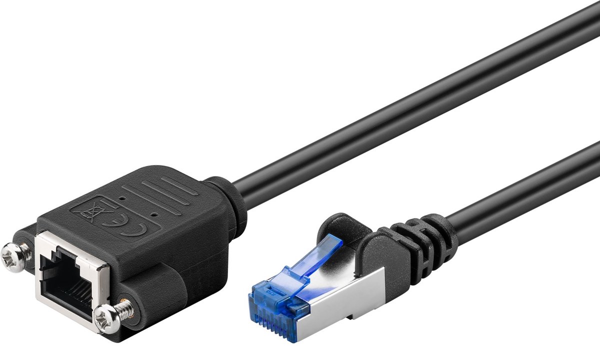 Image of Goobay CAT 6a verlengkabel 3 m zwart, RJ45-stekker naar RJ45-bus, S/FTP met montageflens van 25 mm gatafstand, LSZH-mantel